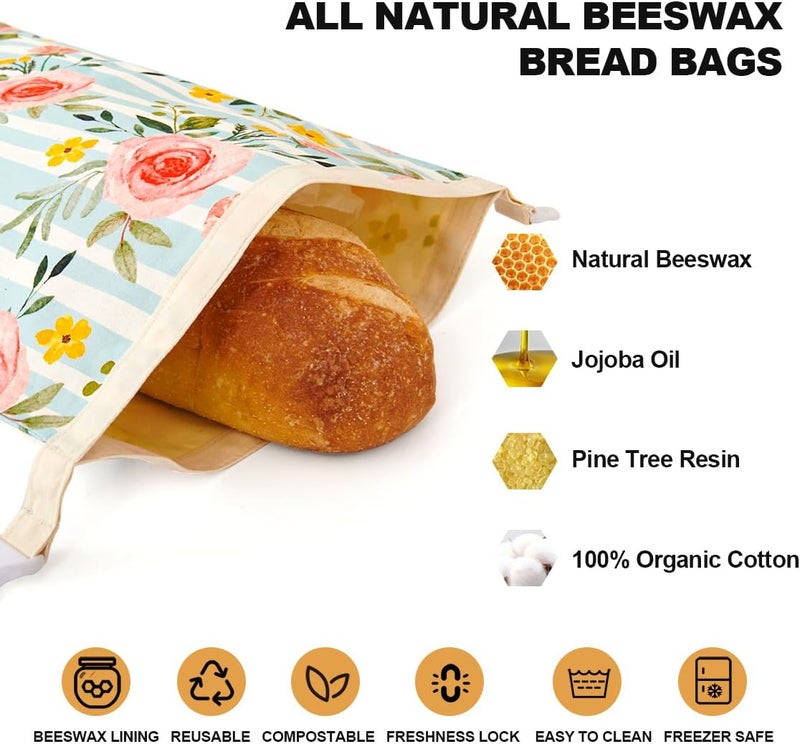 Augine Beeswax Bread Bag, 2 Pack Sourdough Bread Bags, Reusable Bread Bags for Homemade Bread, Organic Cotton Beeswax Sourdough Bags, Wildwood Bloom Series - Image 2